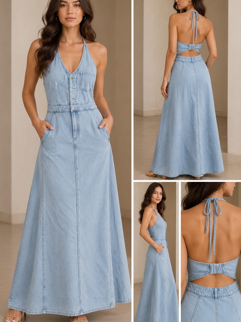 Universal Thread Light Blue Denim Halter Maxi Dress